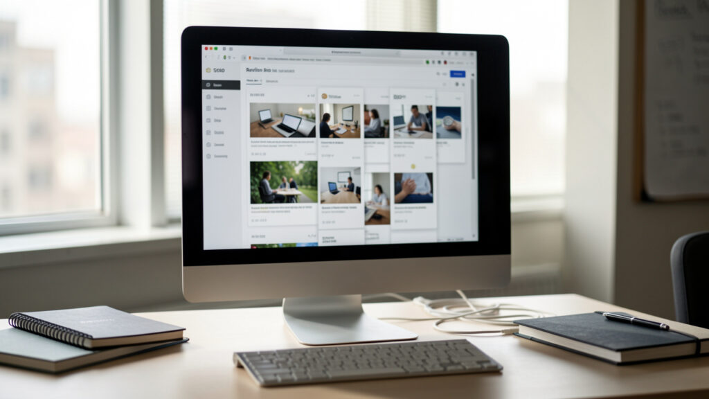 Illustration éditoriale réaliste d’un écran d’ordinateur montrant une interface de révisions avec aperçu de versions et repères temporels floutés, dans l’ambiance d’un bureau d’agence SEO.