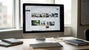 Illustration éditoriale réaliste d’un écran d’ordinateur montrant une interface de révisions avec aperçu de versions et repères temporels floutés, dans l’ambiance d’un bureau d’agence SEO.