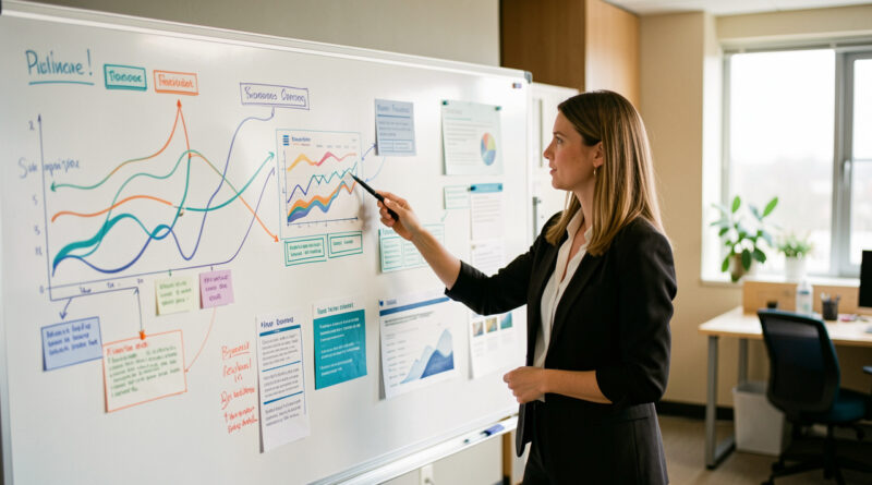 Consultante SEO devant un tableau blanc illustrant une stratégie digitale avec des graphiques abstraits, des blocs de contenu et des connexions entre sites.