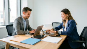 Deux hommes et une femme, dirigeants d’une agence web, organisent des ordinateurs portables, des tablettes et des dossiers numériques vierges sur une table moderne dans un bureau professionnel.