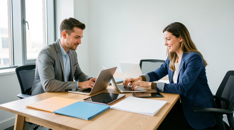 Deux hommes et une femme, dirigeants d’une agence web, organisent des ordinateurs portables, des tablettes et des dossiers numériques vierges sur une table moderne dans un bureau professionnel.