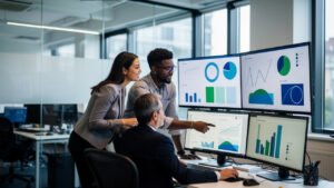 Équipe professionnelle internationale analysant des graphiques abstraits de performance SEO dans un bureau moderne, sans texte visible.