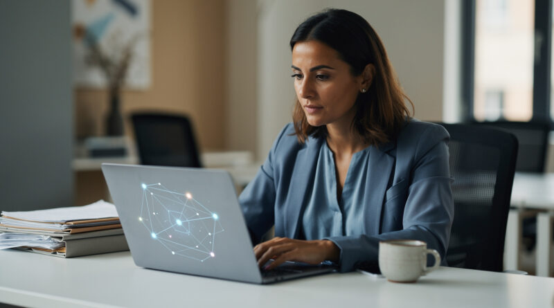 Professionnelle du marketing digital examinant une interface abstraite illustrant des connexions entre sites dans un bureau moderne.