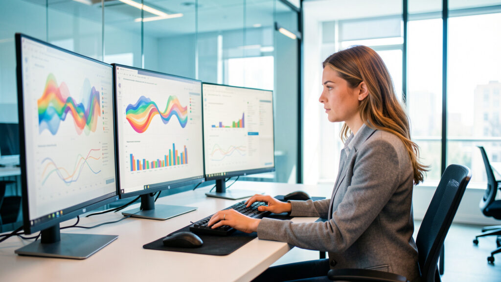 Consultante SEO concentrée devant plusieurs écrans affichant des visualisations de données abstraites dans une agence web moderne et lumineuse.
