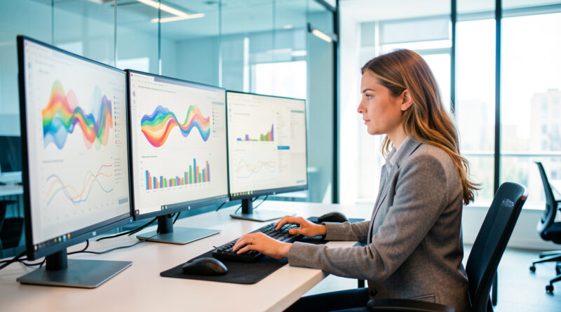 Consultante SEO concentrée devant plusieurs écrans affichant des visualisations de données abstraites dans une agence web moderne et lumineuse.