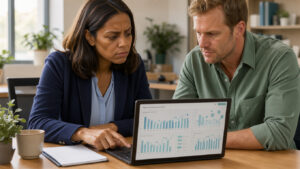Une consultante en marketing digital échange avec un client devant des graphiques abstraits, dans une atmosphère professionnelle et transparente.