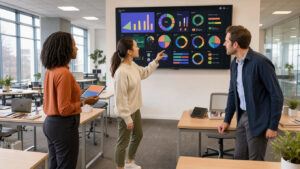 Équipe marketing analysant un tableau de bord vidéo abstrait sur un grand écran dans un bureau lumineux.