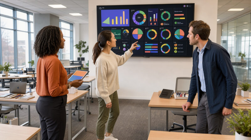 Équipe marketing analysant un tableau de bord vidéo abstrait sur un grand écran dans un bureau lumineux.