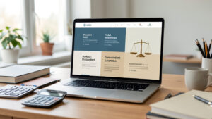 Bureau moderne avec un ordinateur affichant une maquette abstraite de site web, accompagné d’une calculatrice et d’éléments symbolisant l’équilibre budgétaire.