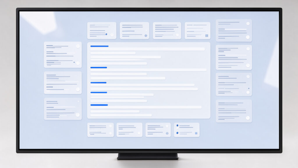 Interface de moteur de recherche professionnelle en bleu et blanc, montrant une réponse générée par intelligence artificielle et plusieurs cartes de sources représentées sans texte lisible.