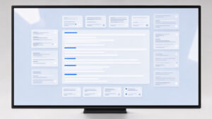 Interface de moteur de recherche professionnelle en bleu et blanc, montrant une réponse générée par intelligence artificielle et plusieurs cartes de sources représentées sans texte lisible.
