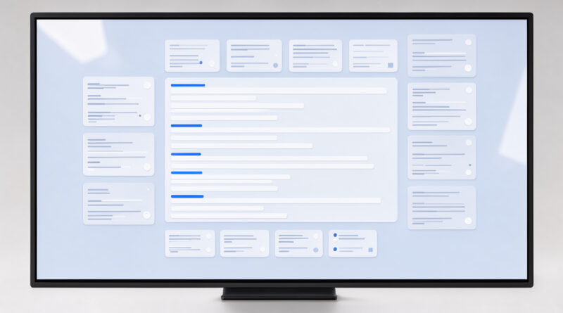 Interface de moteur de recherche professionnelle en bleu et blanc, montrant une réponse générée par intelligence artificielle et plusieurs cartes de sources représentées sans texte lisible.
