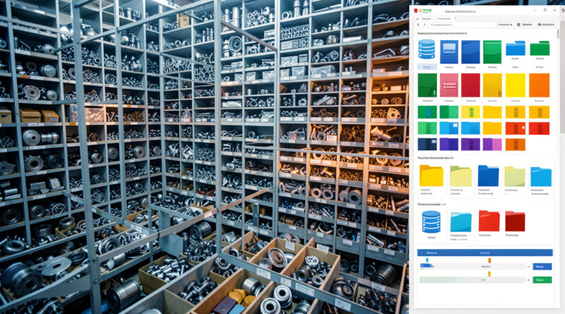 Entrepôt moderne présentant une grande variété de pièces détachées soigneusement organisées, avec une représentation visuelle d’un catalogue produit structuré.